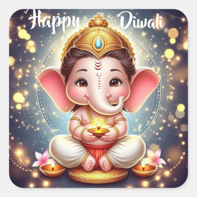 Pegatina Cuadrada Cute Lord Ganesh Happy Diwali (Anverso)