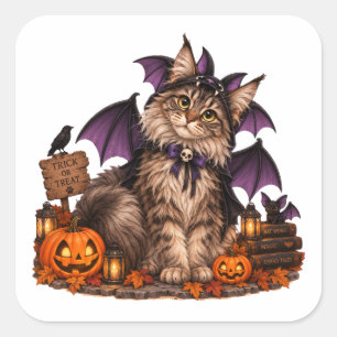 Pegatina Cuadrada Cute Maine Coon Cat Vampire Halloween