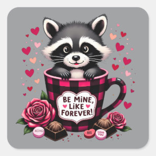 Pegatina Cuadrada Cute Mapache San Valentín Cuadro de Búfalo Estétic