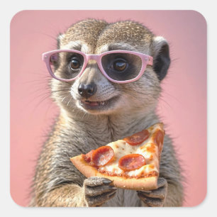 Pegatina Cuadrada Cute Meerkat con gafas y pizza
