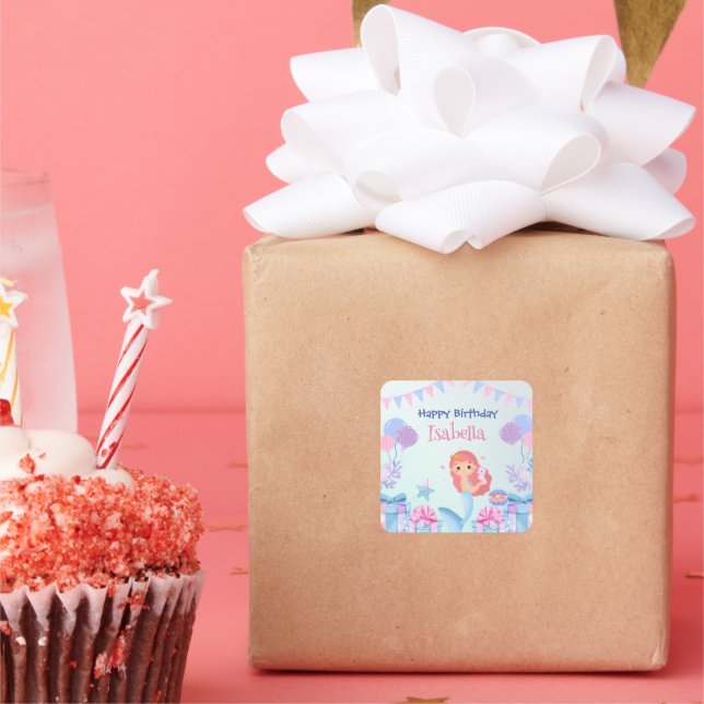 Pegatina Cuadrada Cute Mermaid Rainbow Watercolor Fiesta de cumpleañ (Fiesta)