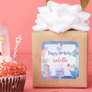 Pegatina Cuadrada Cute Mermaid Rainbow Watercolor Fiesta de cumpleañ