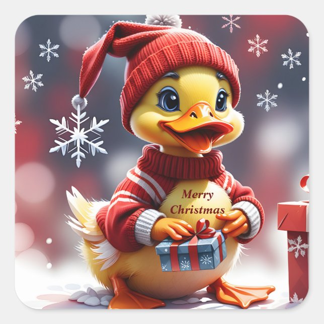 Pegatina Cuadrada Cute Merry Christmas Duck (Anverso)