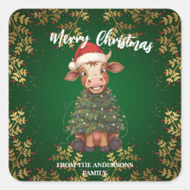 Pegatina Cuadrada Cute merry Cow Christmas tree calf ox Xmas pattern