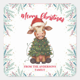 Pegatina Cuadrada Cute merry Cow Christmas tree calf ox Xmas pattern