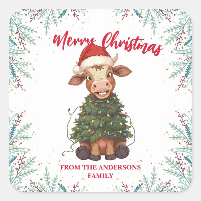Pegatina Cuadrada Cute merry Cow Christmas tree calf ox Xmas pattern (Anverso)