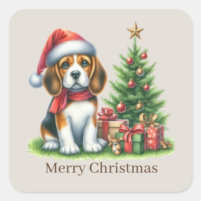 Pegatina Cuadrada Cute Merry personalizable de cachorro de Navidad (Anverso)