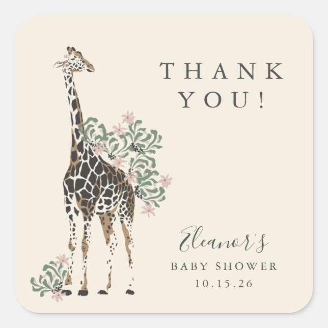 Pegatina Cuadrada Cute moderno Floral Giraffe Simple Baby Shower (Anverso)