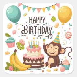 Pegatina Cuadrada Cute Monkey Happy Birthday Party