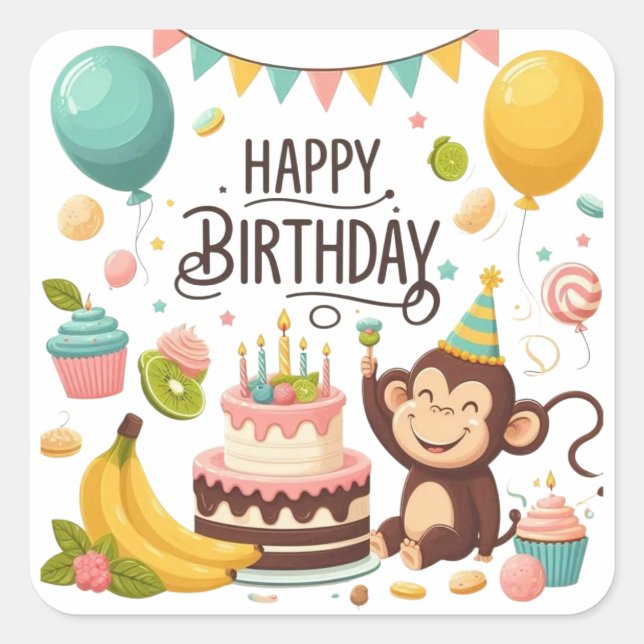 Pegatina Cuadrada Cute Monkey Happy Birthday Party (Anverso)