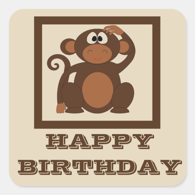 Pegatina Cuadrada Cute Mono Feliz Cumpleaños (Anverso)