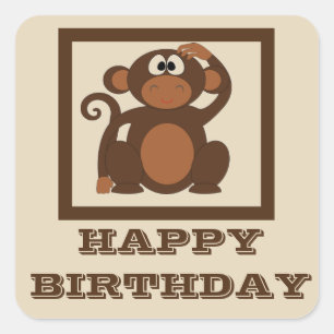 Pegatina Cuadrada Cute Mono Feliz Cumpleaños