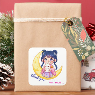 Pegatina Cuadrada Cute Moon Bunny Girl 