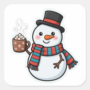 Pegatina Cuadrada Cute Muñeco de Nieve Hot Cocoa Sticker de Navidad