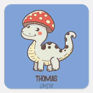 Pegatina Cuadrada Cute Mushroom Dino Con Nombre Para Niños