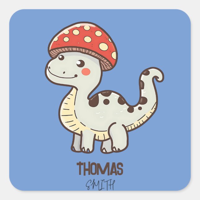 Pegatina Cuadrada Cute Mushroom Dino Con Nombre Para Niños (Anverso)