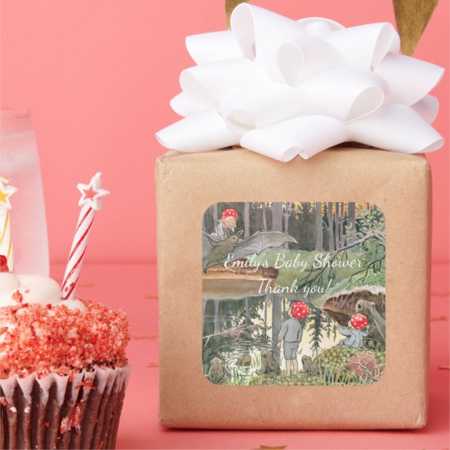 Pegatina Cuadrada Cute Mushroom Woodland Frog Baby Shower (Fiesta)