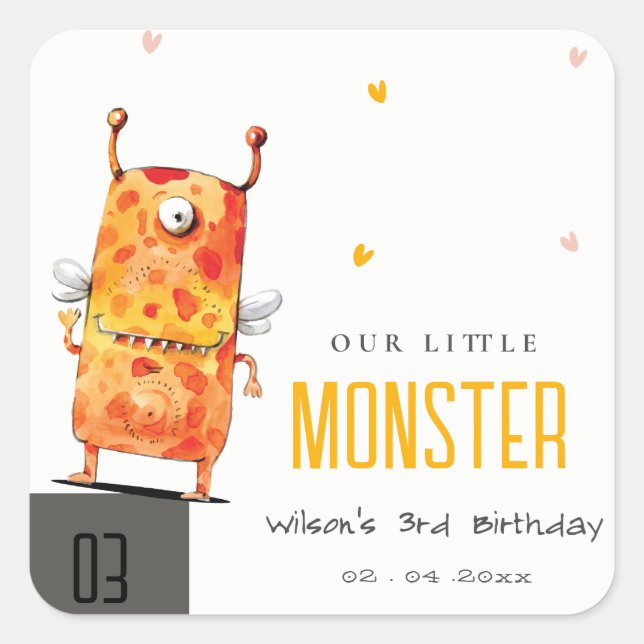 Pegatina Cuadrada Cute Naranja Amarillo Monstruo Oído Niños Cumpleañ (Anverso)