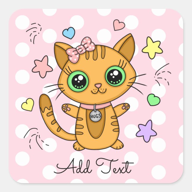 Pegatina Cuadrada Cute Naranja Kitty Cat rosa Polka Dot personalizad (Anverso)