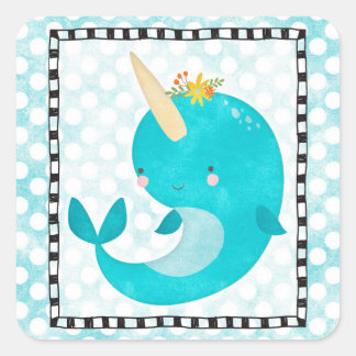 Pegatina Cuadrada Cute Narwhal - Ballena de Aqua Turquesa