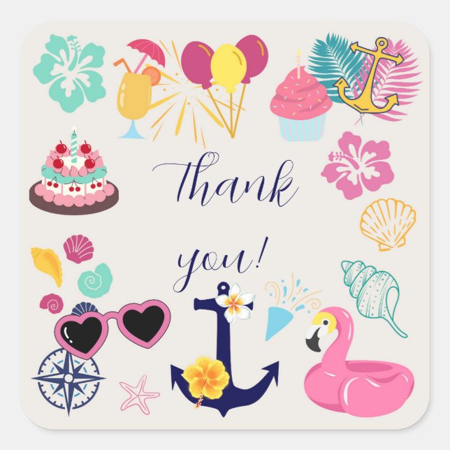 Pegatina Cuadrada   Cute Nautical Birthday Thank You (Anverso)