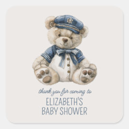 Pegatina Cuadrada Cute Nautical Blue Baby Bear Baby Shower