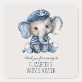 Pegatina Cuadrada Cute Nautical Blue Baby Elephant Baby Shower