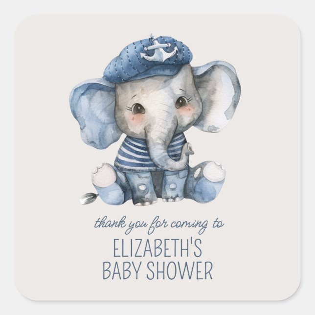 Pegatina Cuadrada Cute Nautical Blue Baby Elephant Baby Shower (Anverso)