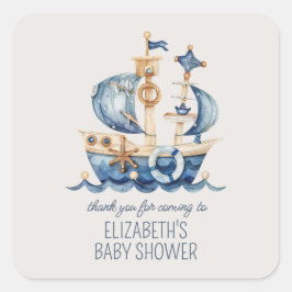 Pegatina Cuadrada Cute Nautical Blue Sailing Ship Baby Shower