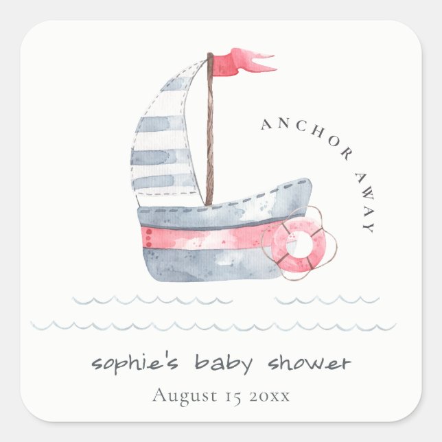 Pegatina Cuadrada Cute Nautical Pastel Red Blue Sailboat Baby Shower (Anverso)