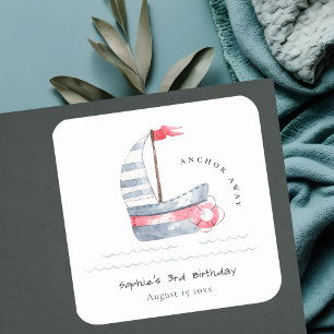 Pegatina Cuadrada Cute Nautical Soft Red Blue Sailboat Kids Cumpleañ