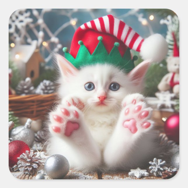 Pegatina Cuadrada Cute Navidades Kitten (Anverso)