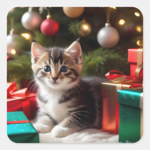 Pegatina Cuadrada Cute Navidades Kitten