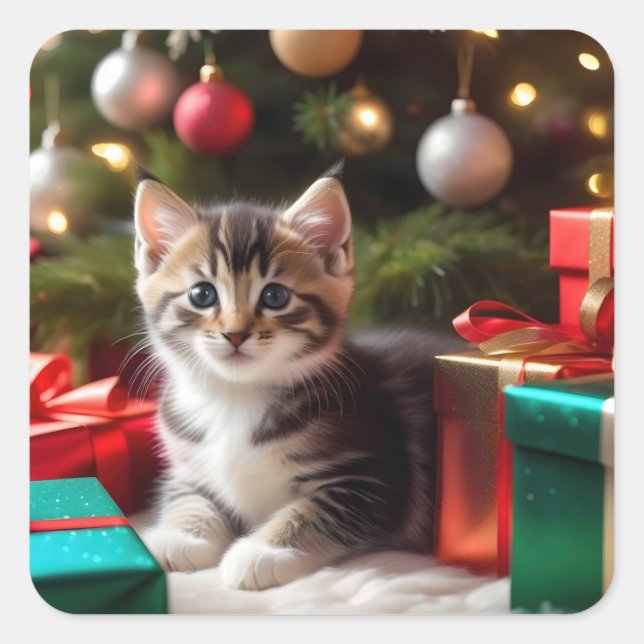 Pegatina Cuadrada Cute Navidades Kitten (Anverso)