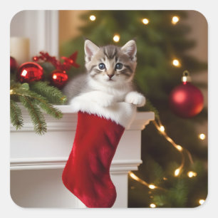 Pegatina Cuadrada Cute Navidades Kitten