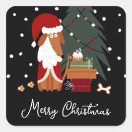 Pegatina Cuadrada Cute Navidades Santa Paws Perro y Presentes