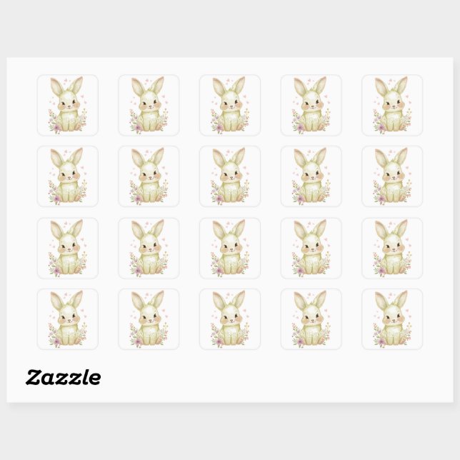 Pegatina Cuadrada Cute Olive Green Bunny Party Theme Pastel Floral (Hoja)