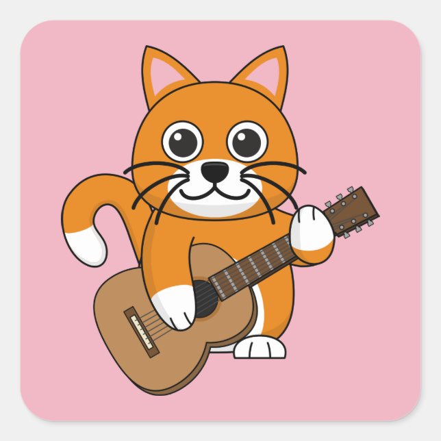 Pegatina Cuadrada Cute Orange White Cat Playing Guitar Cartoon (Anverso)