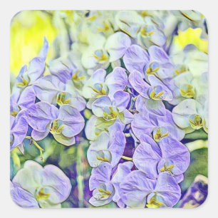 Pegatina Cuadrada Cute orquídeas flores amarillas púrpura acuarela