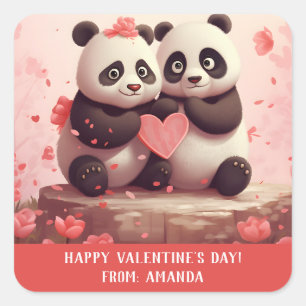 Pegatina Cuadrada Cute Oso Panda Personalizado de San Valentín
