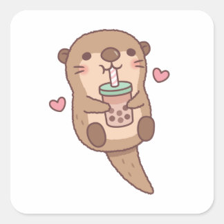 Pegatina Cuadrada Cute Otter ama el té de burbujas