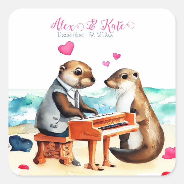 Pegatina Cuadrada Cute Otters Couple | Boda romántico (Anverso)