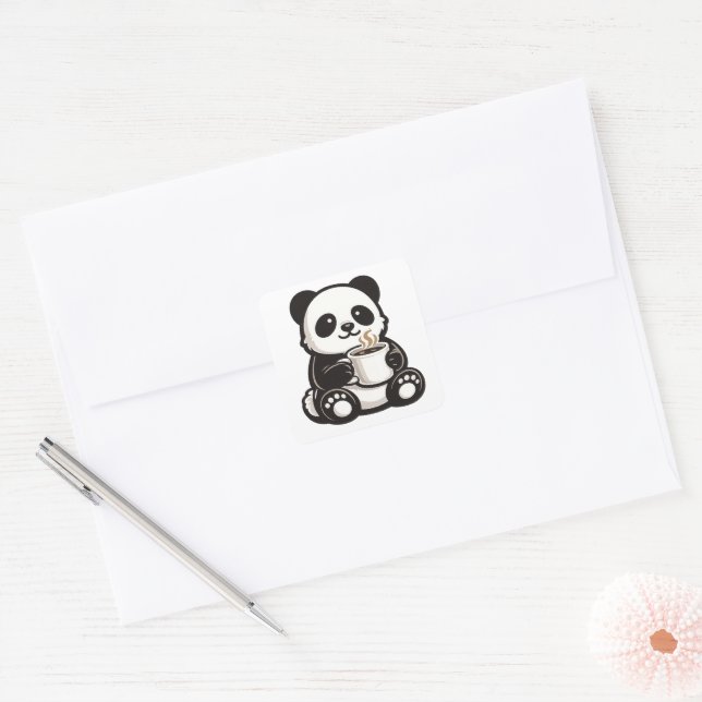 Pegatina Cuadrada Cute Panda Coffee – Kawaii Panda Holding Coffee  (Sobre)