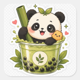 Pegatina Cuadrada Cute Panda Matcha Bubble Tea Sticker Kawaii Anim