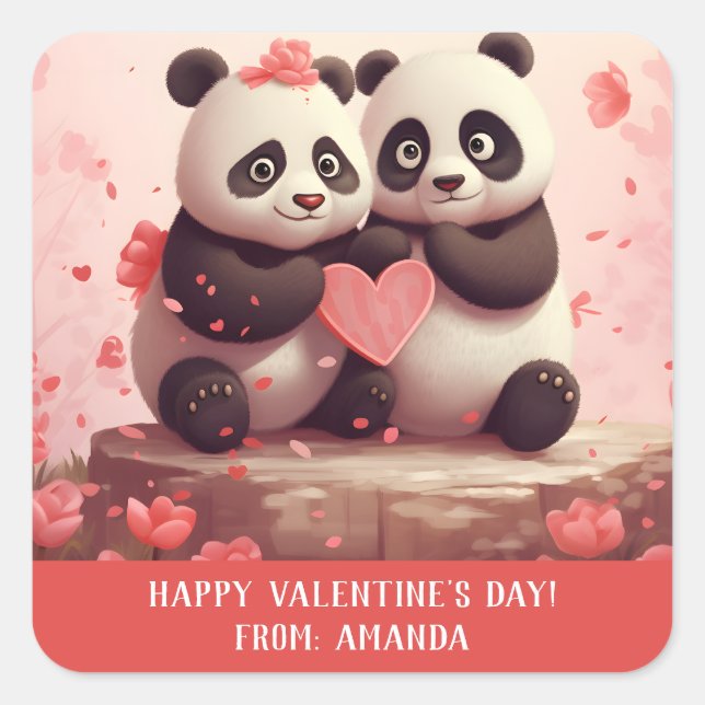 Pegatina Cuadrada Cute Panda Valentine personalizado (Anverso)