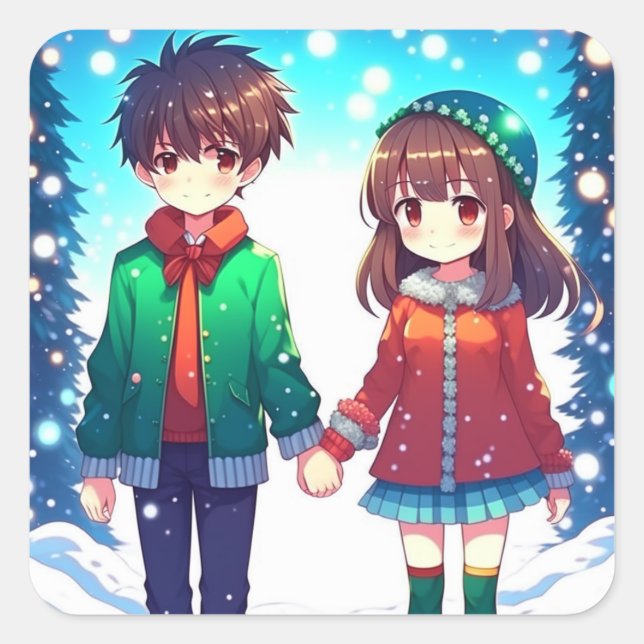 Pegatina Cuadrada Cute Pareja Anime sosteniendo manos Navidades (Anverso)