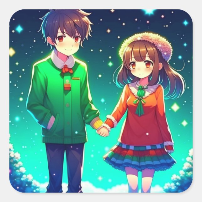 Pegatina Cuadrada Cute Pareja de Anime con las manos personalizadas (Anverso)