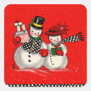 Pegatina Cuadrada Cute pareja de Snowman