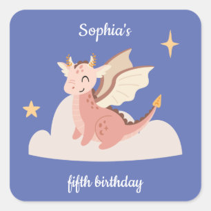 Pegatina Cuadrada Cute Pastel Dragons Niños Cumpleaños