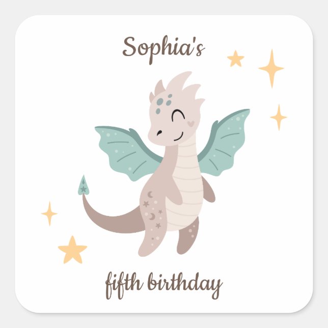Pegatina Cuadrada Cute Pastel Dragons Niños Cumpleaños (Anverso)